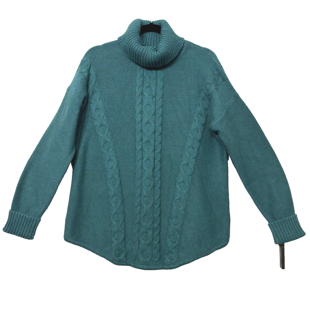 LL Bean Sweater Womens XL Teal Blue Cable Knit Turtleneck Pullover Cotton Cozy